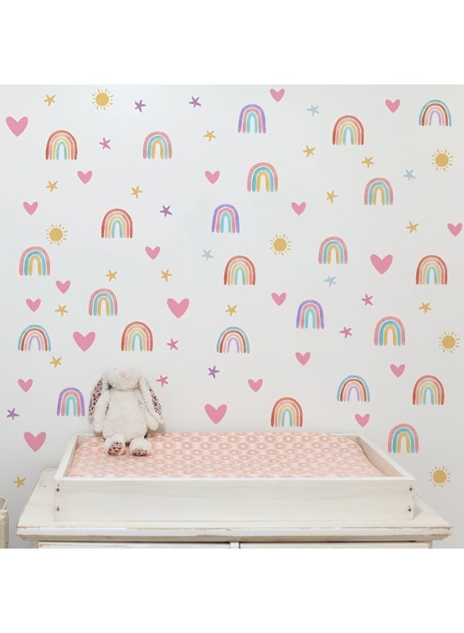 ALMiHomi Rainbow Wall Decor Stickers – 4 Sheets 82pcs Removable Vinyl Decals for Kids – Watercolor Rainbow, Hearts, Stars, and Sun – Cute Peel & Stick Decorations for Girls Bedroom, Nursery, Playroom - Image 2